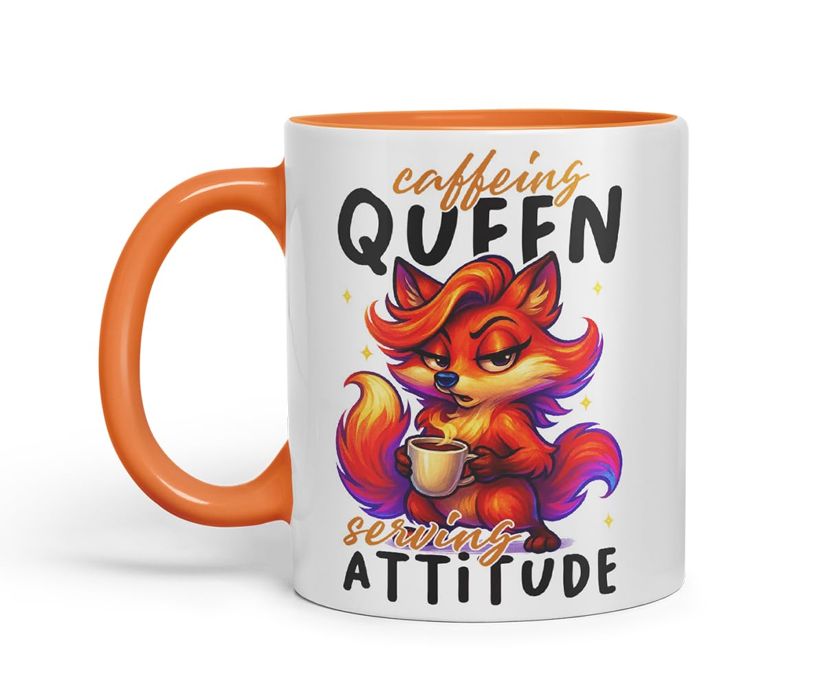 Vixar Caffeine Queen Serving Attitude Funny Fox Mug – Coloured Ceramic Mug Cup Gift, 11oz (Black)