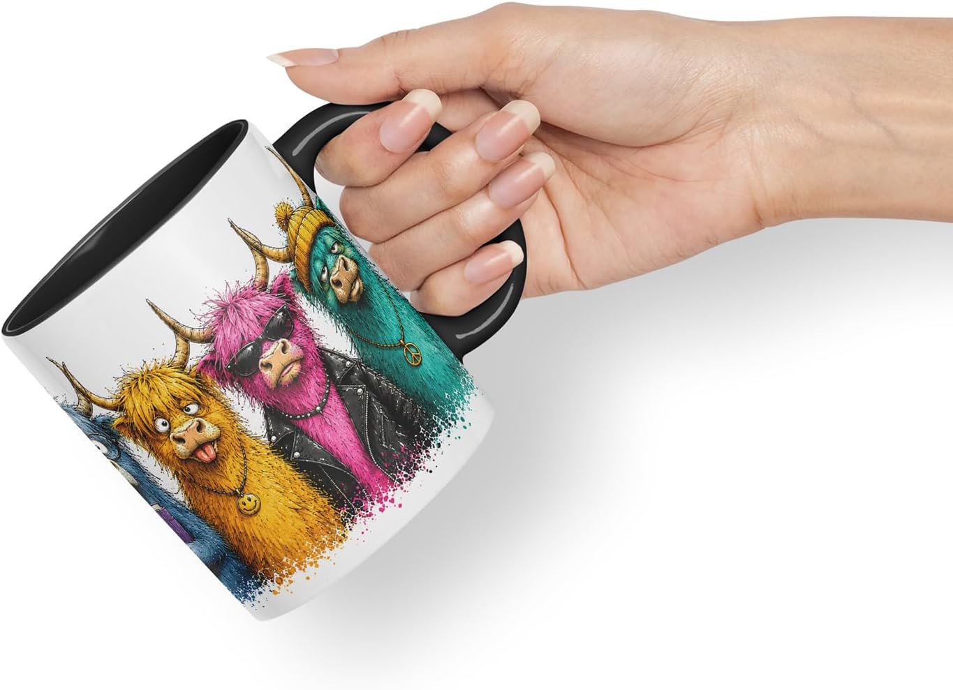 Vixar Highland Cow Mug – Cute Scottish Cow Animal Coloured Ceramic Mug Cup Gift, 11oz (Black)