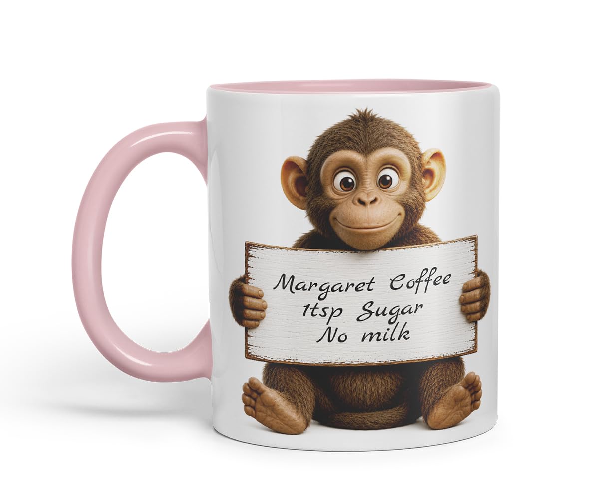 Vixar Personalised Monkey Mug with Name or Custom Message – Cute Animal Coloured Ceramic Mug Cup Gift, 11oz (Black)