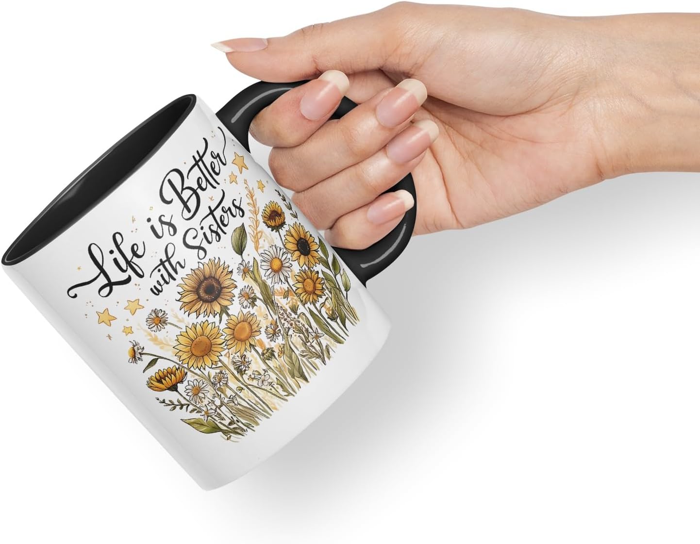 Vixar Life is Better with Sisters Coloured Mug Cup Floral Sister Gift 11oz (Black)