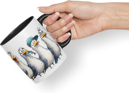 Seagulls Mug – Funny Sea Bird Coloured Ceramic Mug Cup Gift, 11oz (Black)