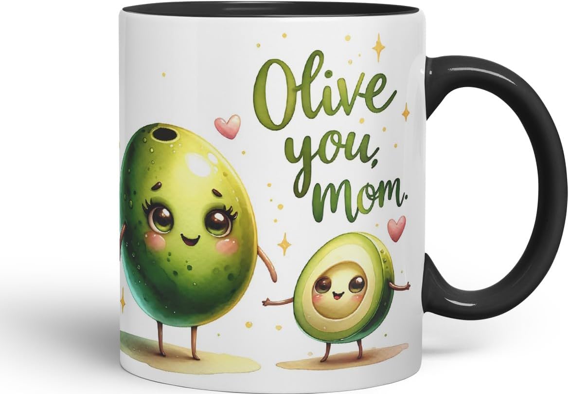 Vixar Olive You, Mom Coloured Mug Cup Cute Mother’s Day Gift 11oz (Black)