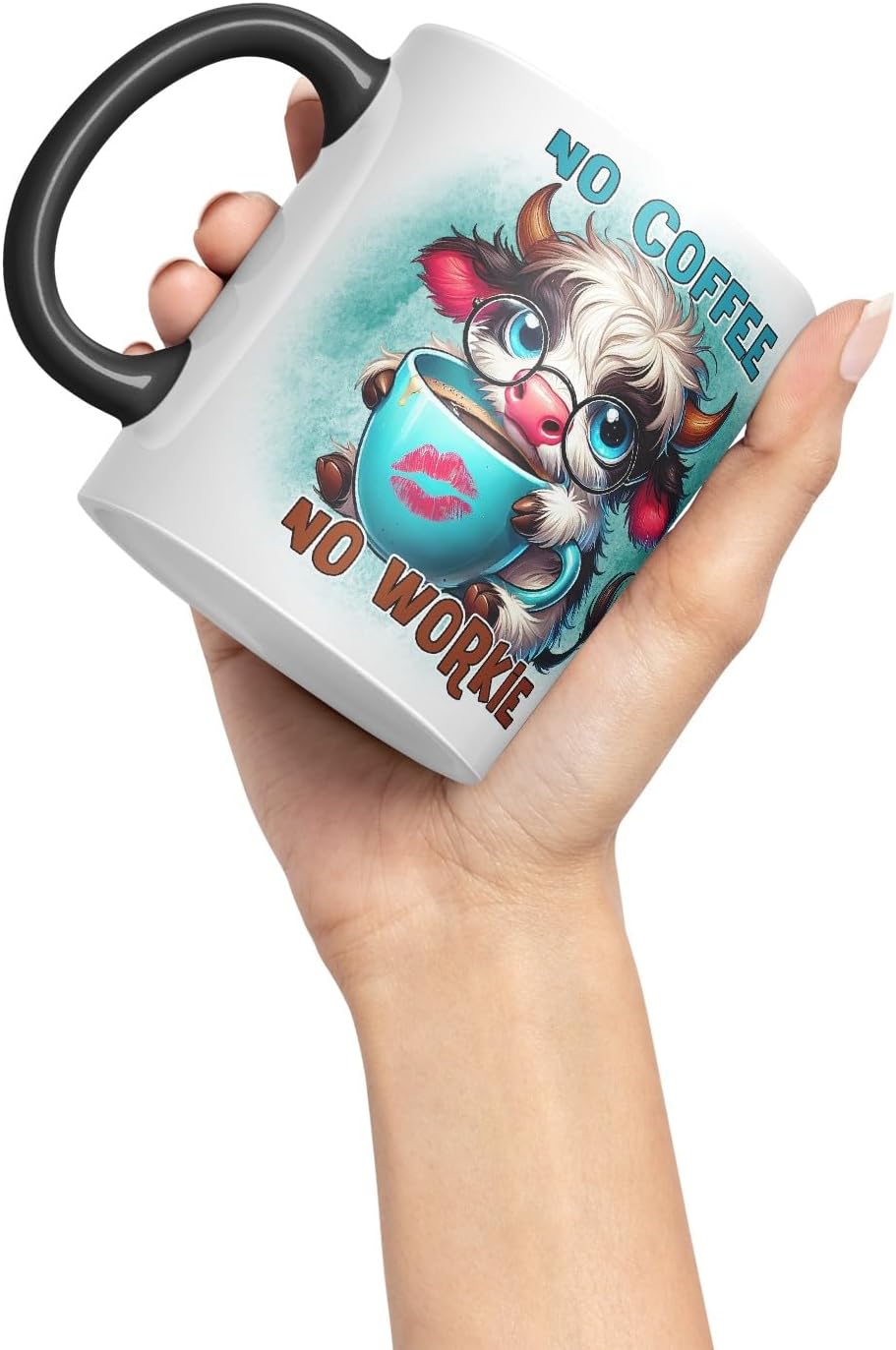 Vixar No Coffee No Workie Highland Cow Coloured Ceramic Mug Cup Gift for Coffee Lovers 11oz (Black)