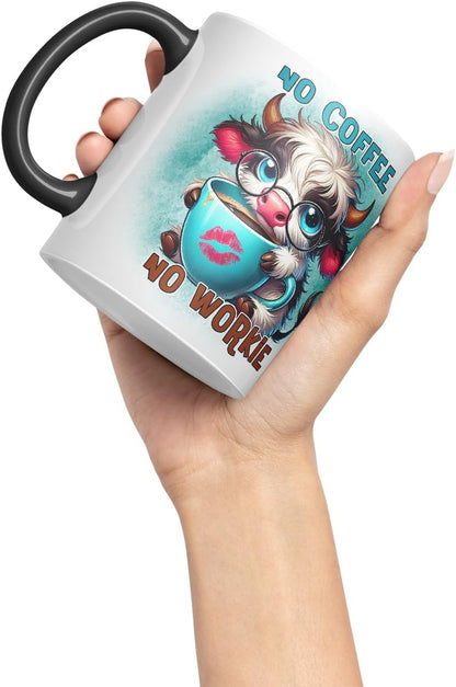 Vixar No Coffee No Workie Highland Cow Coloured Ceramic Mug Cup Gift for Coffee Lovers 11oz (Black)