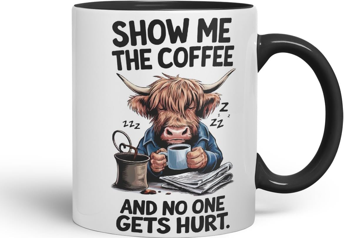 Vixar Show Me The Coffee and No One Gets Hurt – Coloured Ceramic Mug Cup Gift, 11oz (Black)