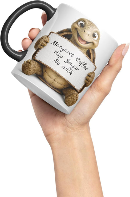 Vixar Personalised Turtle Mug with Name or Custom Message – Cute Animal Coloured Ceramic Mug Cup Gift, 11oz (Black)