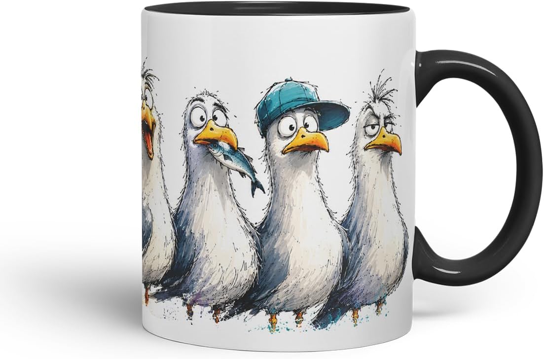 Seagulls Mug – Funny Sea Bird Coloured Ceramic Mug Cup Gift, 11oz (Black)