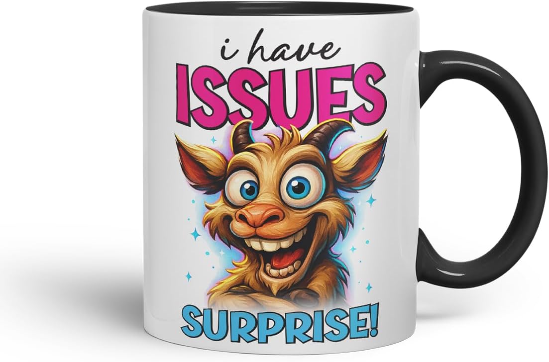 Vixar I Have Issues Surprise Funny Goat Mug – Coloured Ceramic Mug Cup Gift, 11oz (Black)