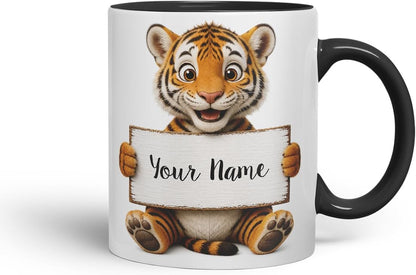 Vixar Personalised Tiger Mug with Name or Custom Message – Cute Animal Coloured Ceramic Mug Cup Gift, 11oz (Black)