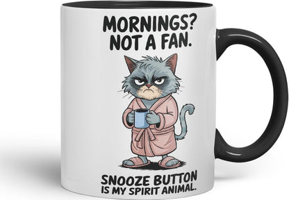 Vixar Mornings Not A Fan Snooze Button Cat Mug – Coloured Ceramic Mug Cup Gift, 11oz (Black)