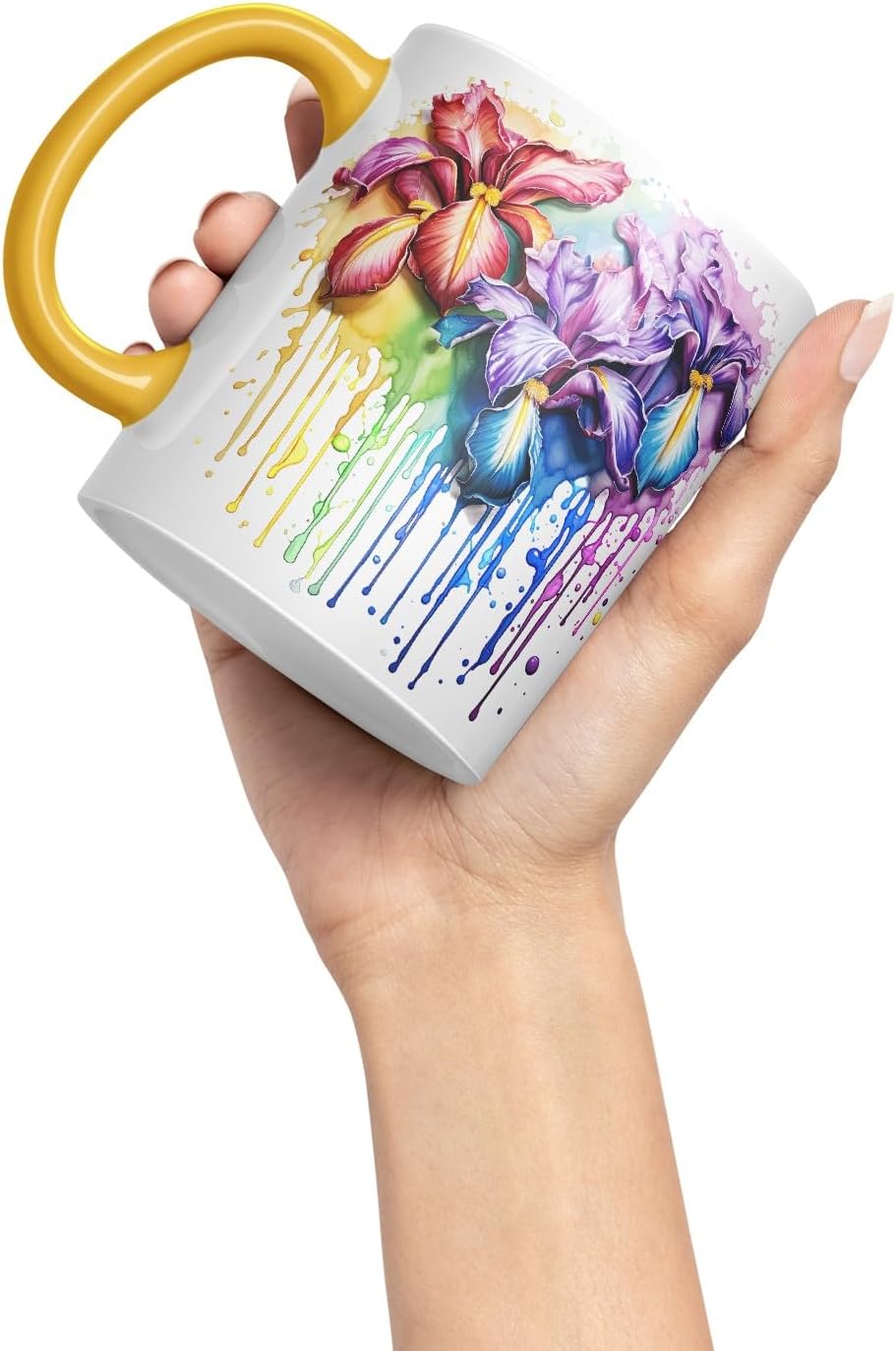 Vixar Iris Watercolour Garden Mug Coloured Ceramic Mug Cup Gift, 11oz (Gold Yellow)