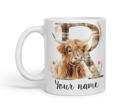 Vixar Personalised Highland Cow Initial Letter R Custom Name Mug – Coloured Ceramic Mug Cup Gift, 11oz (Black)