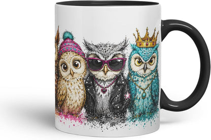 Vixar Owls Mug – Cute Owls Coloured Ceramic Mug Cup Gift, 11oz (Black)