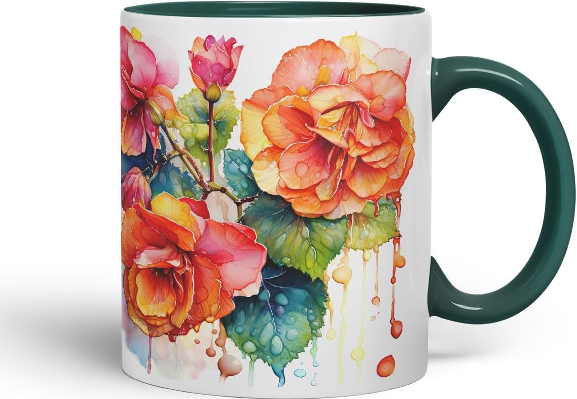 Vixar Begonia Botanical Art Mug Coloured Ceramic Mug Cup Gift, 11oz (Dark Green)