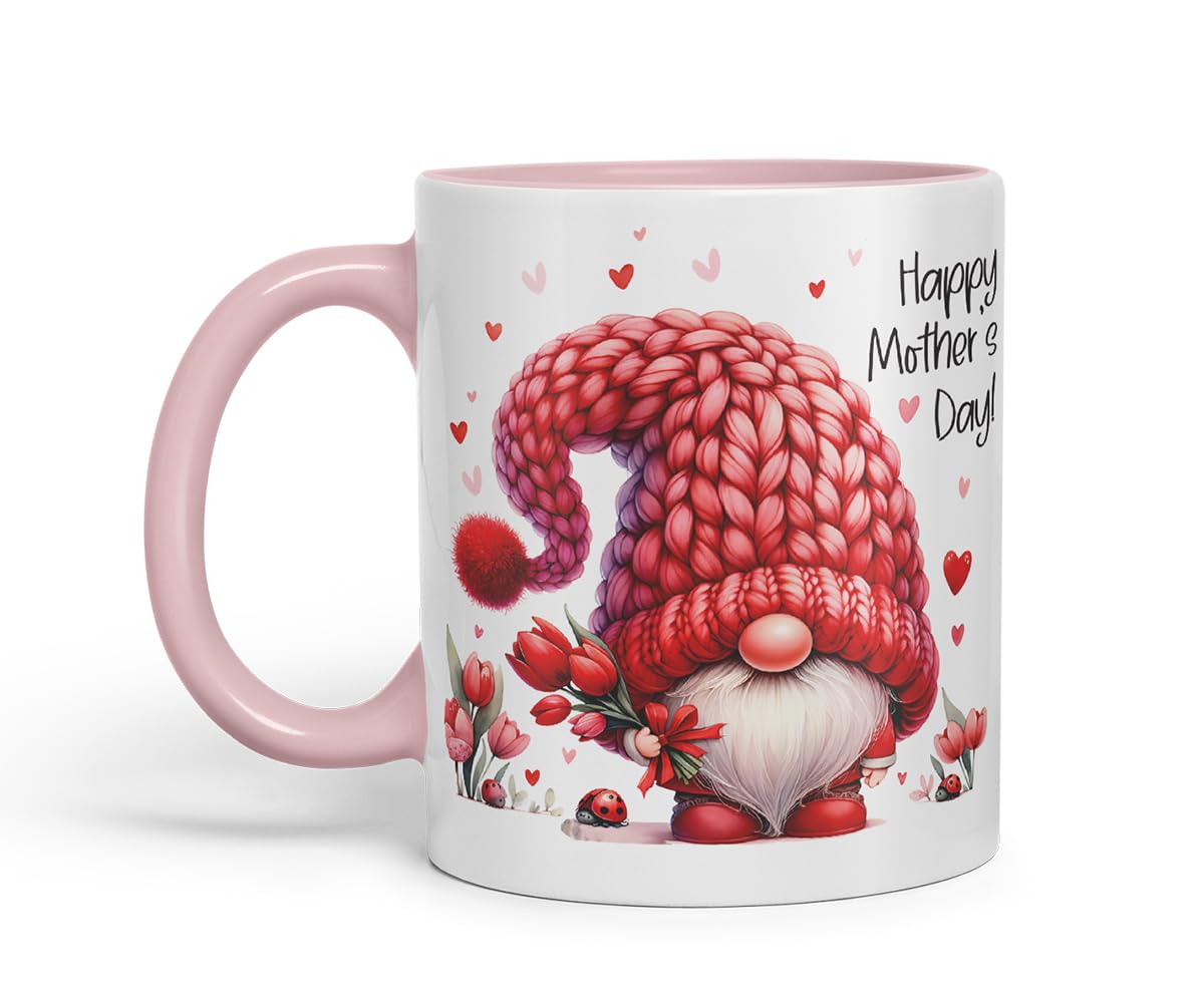 Vixar Happy Mother's Day Cute Red Gnome Mother Mum Mug – Coloured Ceramic Mug Cup Gift, 11oz (Black)