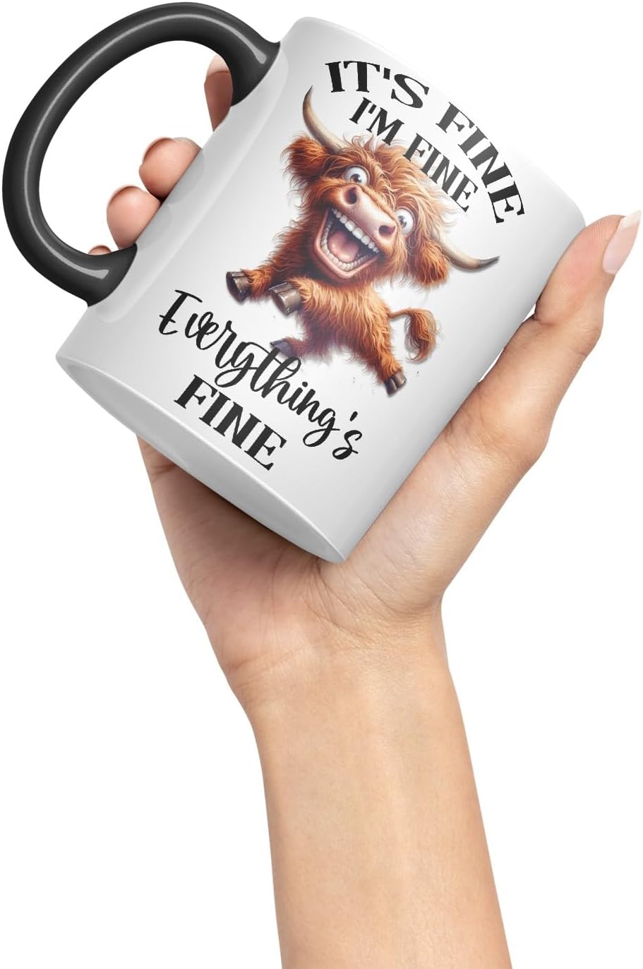 Vixar It's Fine I'm Fine Everything is ..., Highland Cow Scottish Joke Sarcastic Ceramic Coloured Mug Cup 330ml 11Oz FHC2(Black)