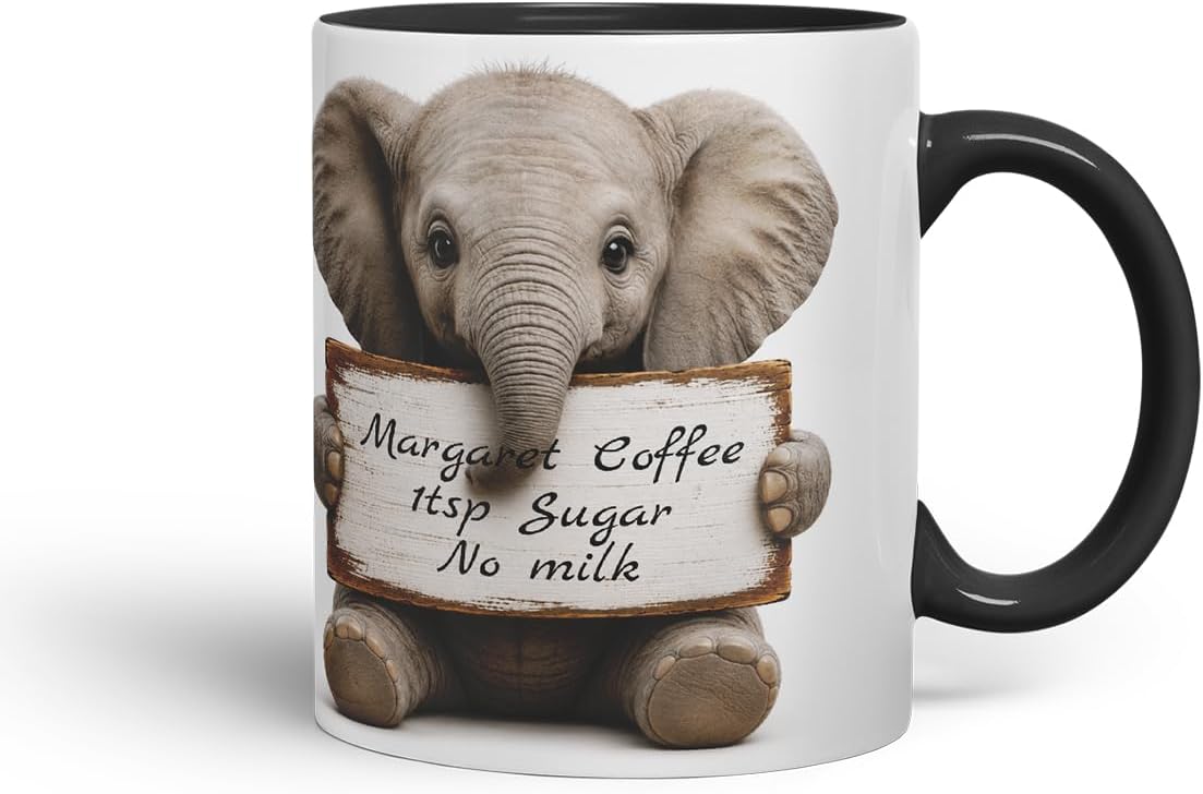Vixar Personalised Elephant Mug with Name or Custom Message – Cute Animal Coloured Ceramic Mug Cup Gift, 11oz (Black)