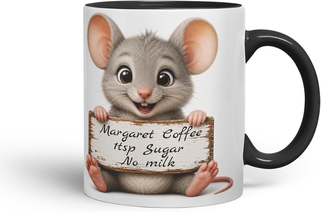 Vixar Personalised Mouse Mug with Name or Custom Message – Cute Animal Coloured Ceramic Mug Cup Gift, 11oz (Black)