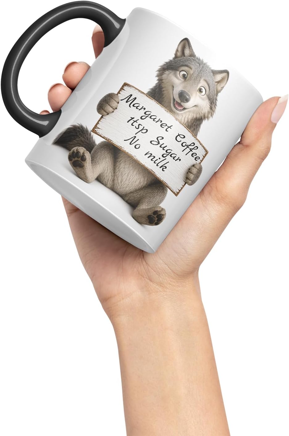 Vixar Personalised Wolf Mug with Name or Custom Message – Cute Animal Coloured Ceramic Mug Cup Gift, 11oz (Black)