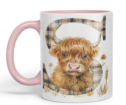 Vixar Highland Cow Alphabet Monogram Coloured Ceramic Cup Mug – Letter S – Rustic Farmhouse Animal Letter Gift – 11oz (Black)