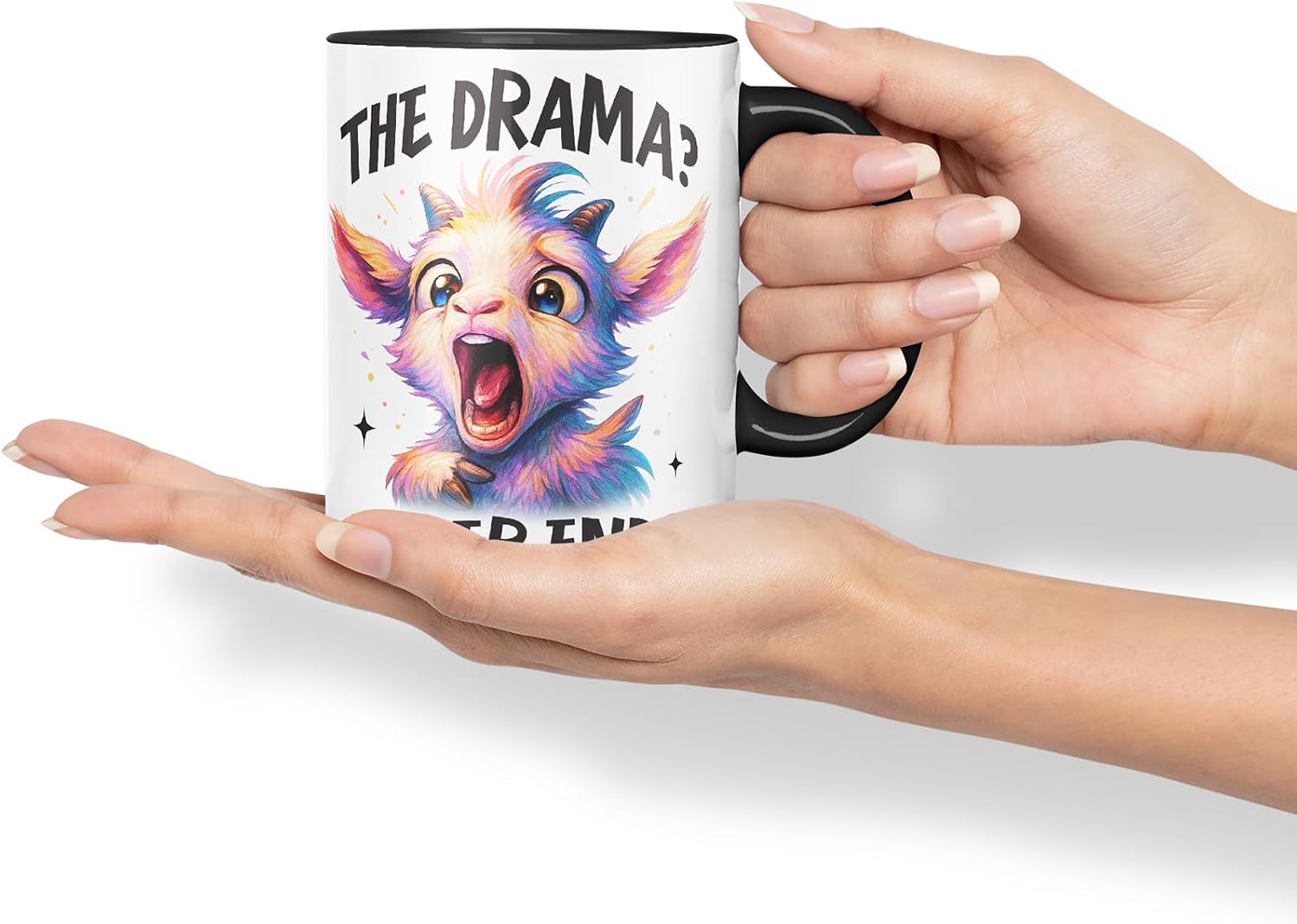 Vixar The Drama Never Ends Sarcastic Goat – Coloured Ceramic Mug Cup Gift, 11oz (Black)