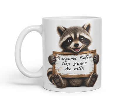 Vixar Personalised Raccoon Mug with Name or Custom Message – Cute Animal Coloured Ceramic Mug Cup Gift, 11oz (Black)