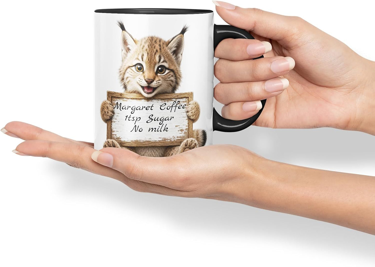Vixar Personalised Lynx Mug with Name or Custom Message – Cute Animal Coloured Ceramic Mug Cup Gift, 11oz (Black)