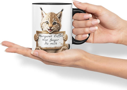 Vixar Personalised Lynx Mug with Name or Custom Message – Cute Animal Coloured Ceramic Mug Cup Gift, 11oz (Black)