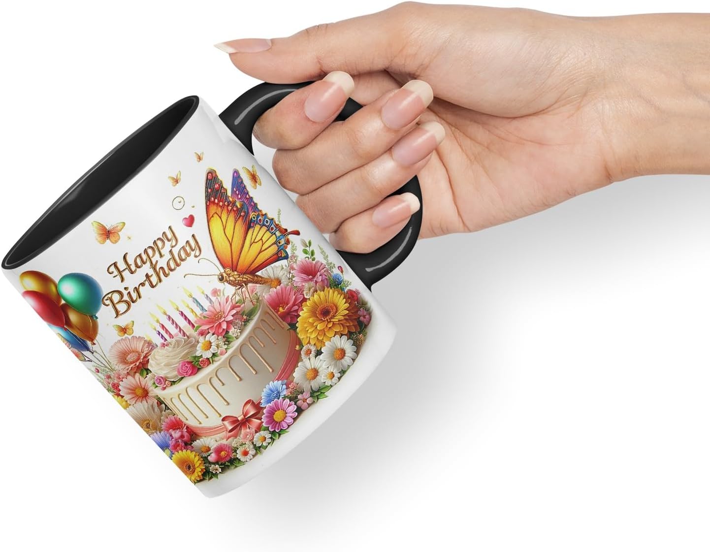 Vixar Happy Birthday Cake and Balloons Coloured Ceramic Mug Cup Gift 11oz V3 (Black)