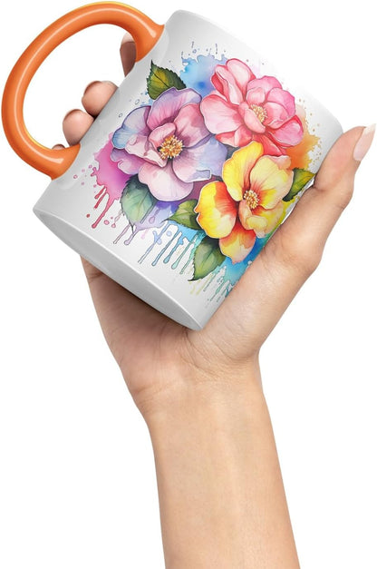 Vixar Camellia Elegant Bloom Mug Coloured Ceramic Mug Cup Gift, 11oz (Orange)