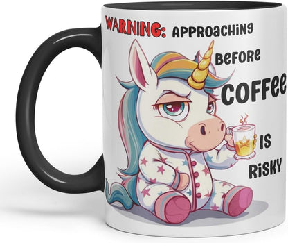 Vixar Warning Unicorn Coffee Mug – Approaching Before Coffee is Risky – Coloured Ceramic Mug Cup Gift, 11oz (Black)