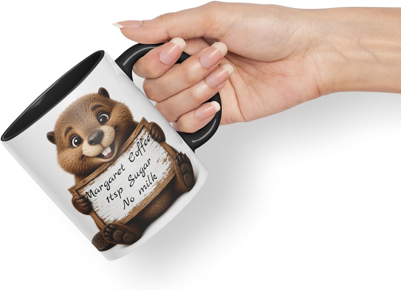 Vixar Personalised Beaver Mug with Name or Custom Message – Cute Animal Coloured Ceramic Mug Cup Gift, 11oz (Black)