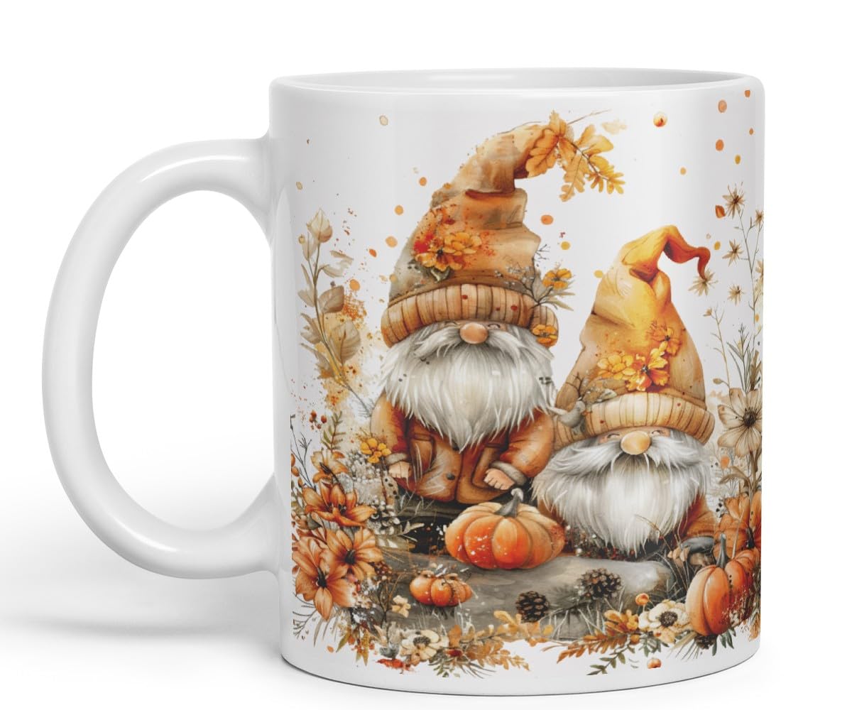 Vixar Ceramic Mug with Autumn Gnomes and Pumpkins Gnome Ceramic Coloured Mug Cup 330ml 11Oz (Black)