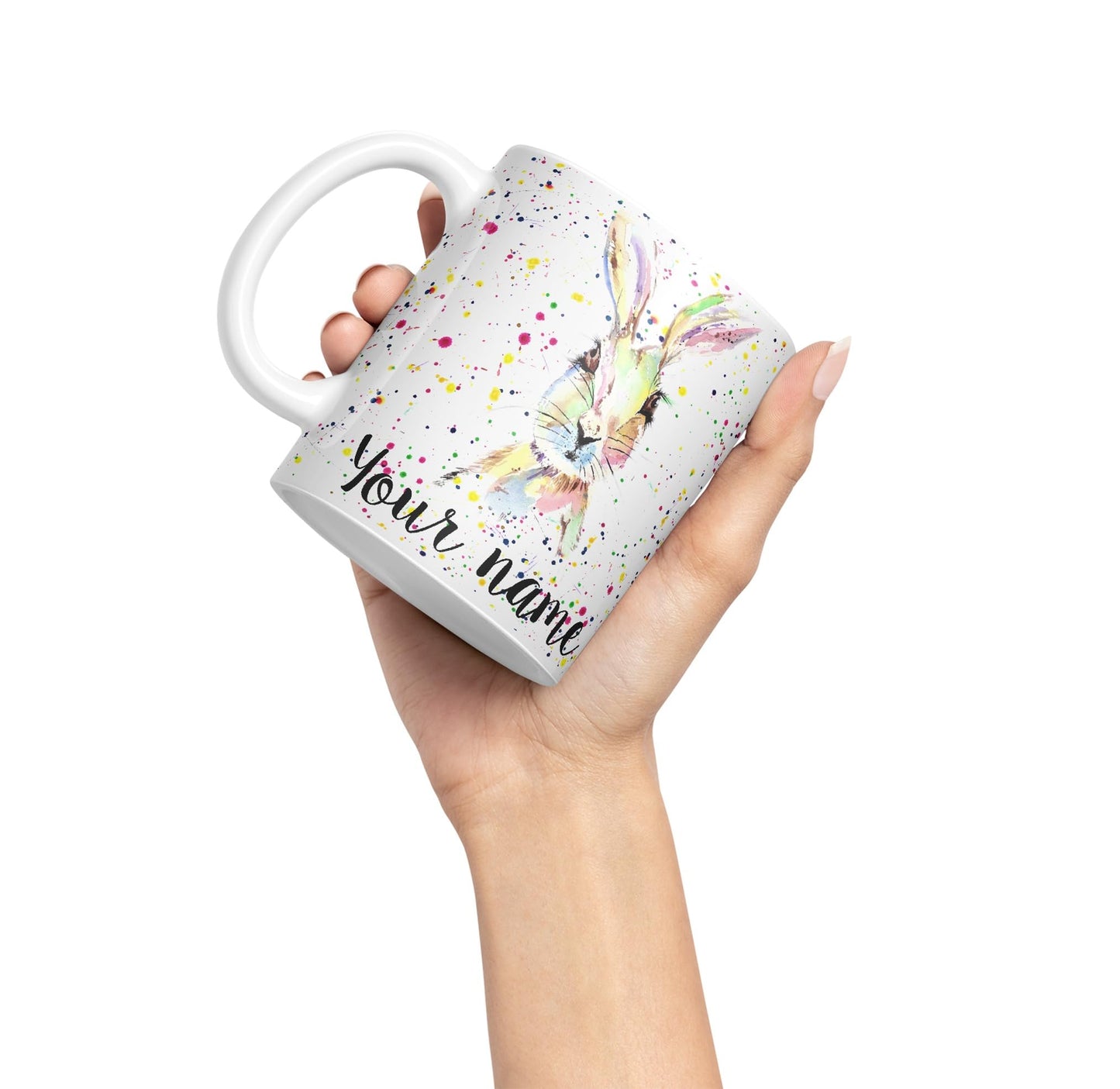 Vixar Personalised with Your Text Hare Bunny Rabbit Watercolour Art Coloured Ceramic Mug Cup Gift 330ml 11oz Custom Work Office Tea Coffee