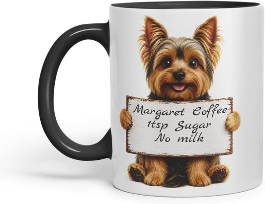 Vixar Personalised Yorkshire Terrier Dog Mug with Name or Custom Message – Cute Animal Coloured Ceramic Mug Cup Gift, 11oz (Black)
