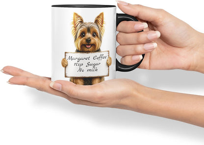 Vixar Personalised Yorkshire Terrier Dog Mug with Name or Custom Message – Cute Animal Coloured Ceramic Mug Cup Gift, 11oz (Black)