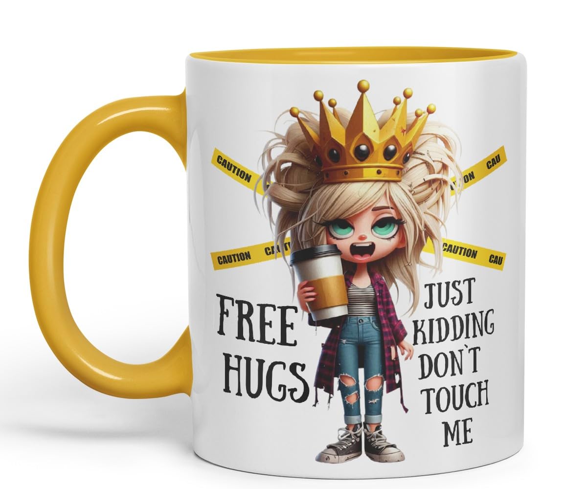 Vixar Free Hugs, Just Kidding Don’t Touch Me Sarcastic Queen Coloured Ceramic Mug Cup Gift 11oz (Black)