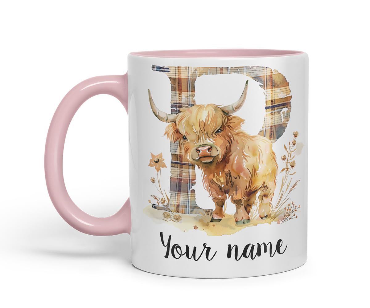 Vixar Personalised Highland Cow Initial Letter P Custom Name Mug – Coloured Ceramic Mug Cup Gift, 11oz