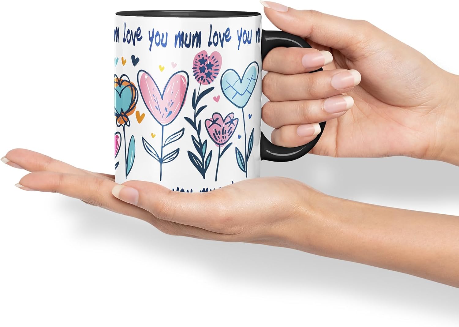 Vixar Love You Mum Floral Hearts Mug – Coloured Ceramic Mug Cup Gift, 11oz (Black)