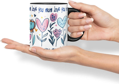Vixar Love You Mum Floral Hearts Mug – Coloured Ceramic Mug Cup Gift, 11oz (Black)