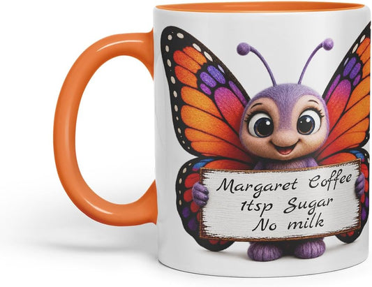 Vixar Personalised Butterfly Mug with Name or Custom Message – Cute Animal Coloured Ceramic Mug Cup Gift, 11oz (Orange)