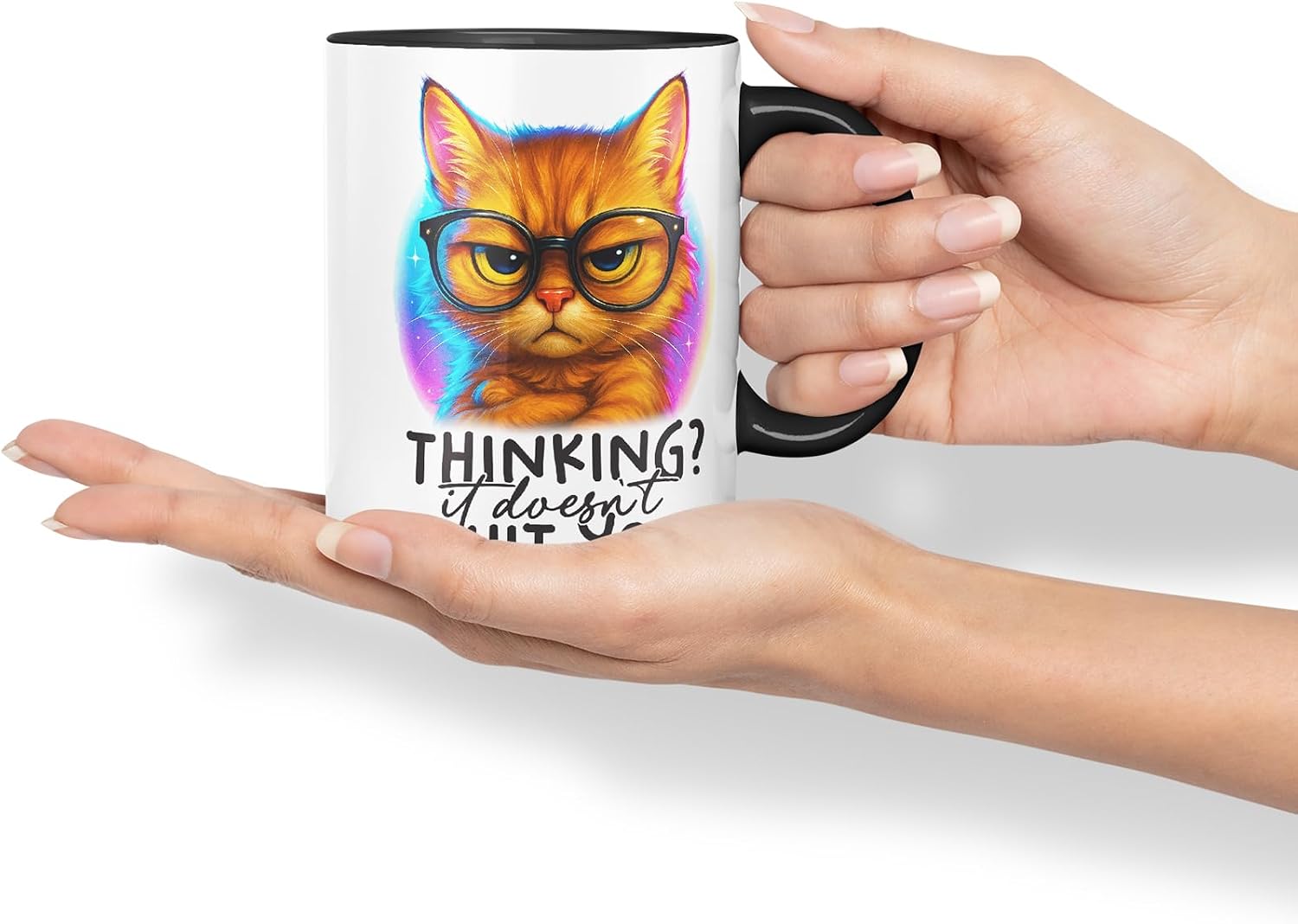 Vixar Thinking It Doesn't Suit You Sarcastic Cat – Coloured Ceramic Mug Cup Gift, 11oz (Black)