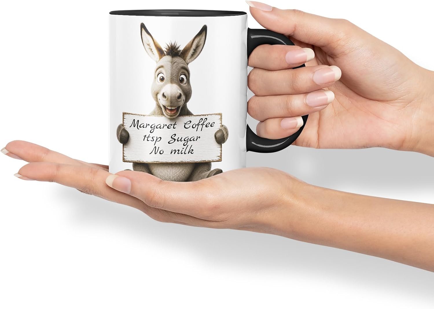 Vixar Personalised Donkey Mug with Name or Custom Message – Cute Animal Coloured Ceramic Mug Cup Gift, 11oz (Black)