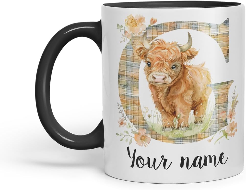 Vixar Personalised Highland Cow Initial Letter G Custom Name Mug – Coloured Ceramic Mug Cup Gift, 11oz (Black)