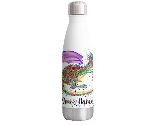 Dragon Personalised Custom Bottle with your Text/name Mythical lizard reptile Watercolour Bottle Double Wall Insulated Stainless Steel Sport Drinks 500ml