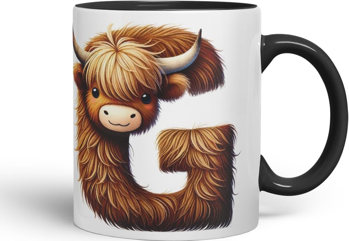 Highland Cow Alphabet Monogram Coloured Ceramic Cup Mug Letter G Rustic Farmhouse Animal Letter Gift V2 11oz (Black)