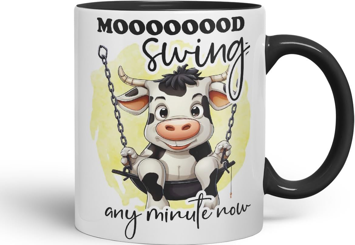 Vixar Mood Swing Any Minute Now Cow Joke Coloured Ceramic Mug Cup Gift, 11oz (Black)