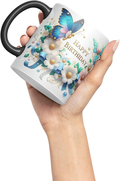 Vixar Happy Birthday Pearl Accents Butterflies Coloured Ceramic Mug Cup Gift 11oz V7 (Black)