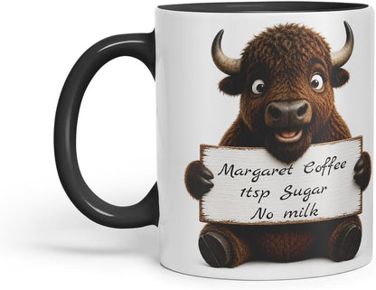 Vixar Personalised Bison Mug with Name or Custom Message – Cute Animal Coloured Ceramic Mug Cup Gift, 11oz (Black)