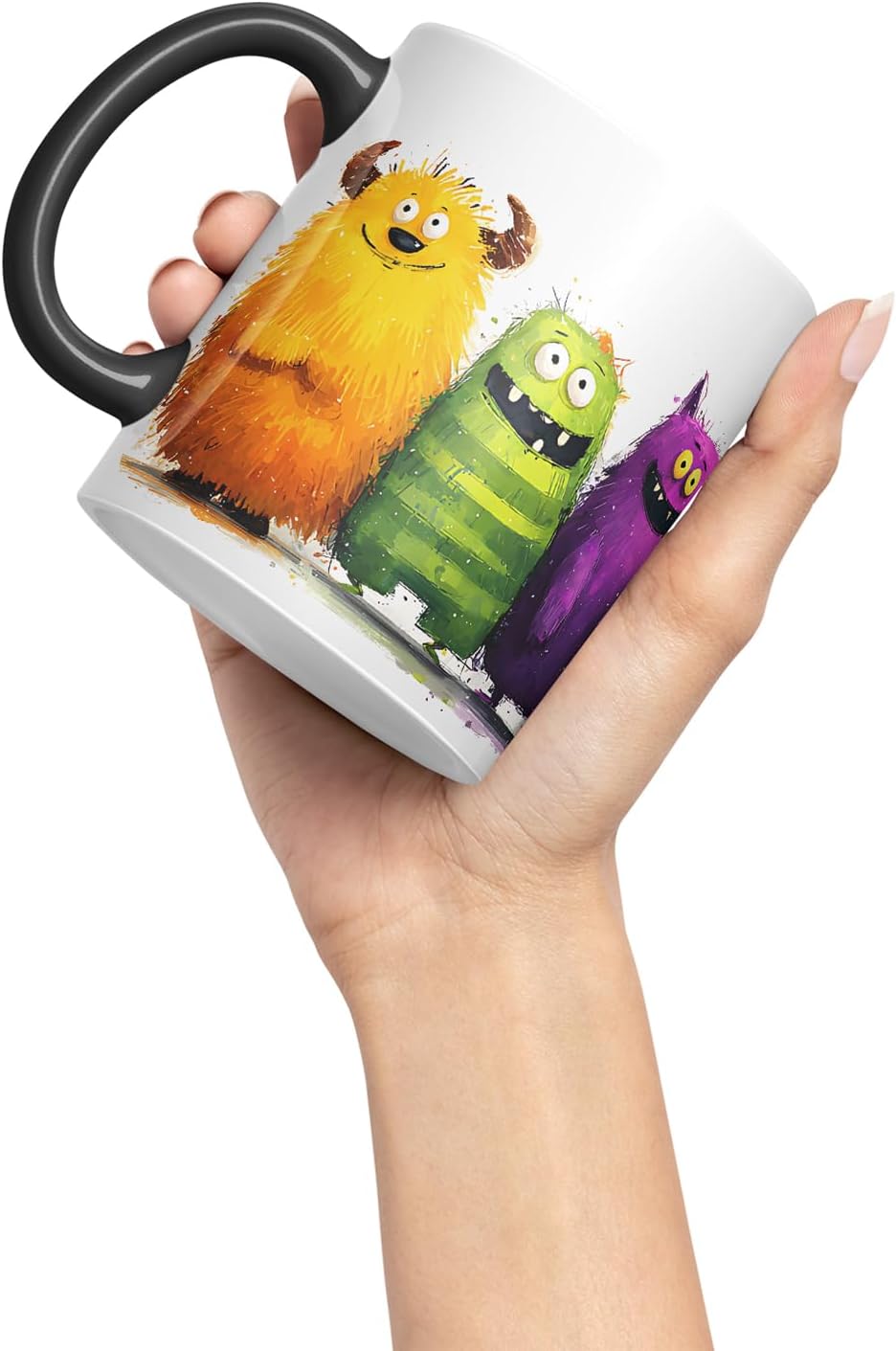 Vixar Funny Colourful Monsters Design – Coloured Ceramic Mug Cup Gift, 11oz (Black)